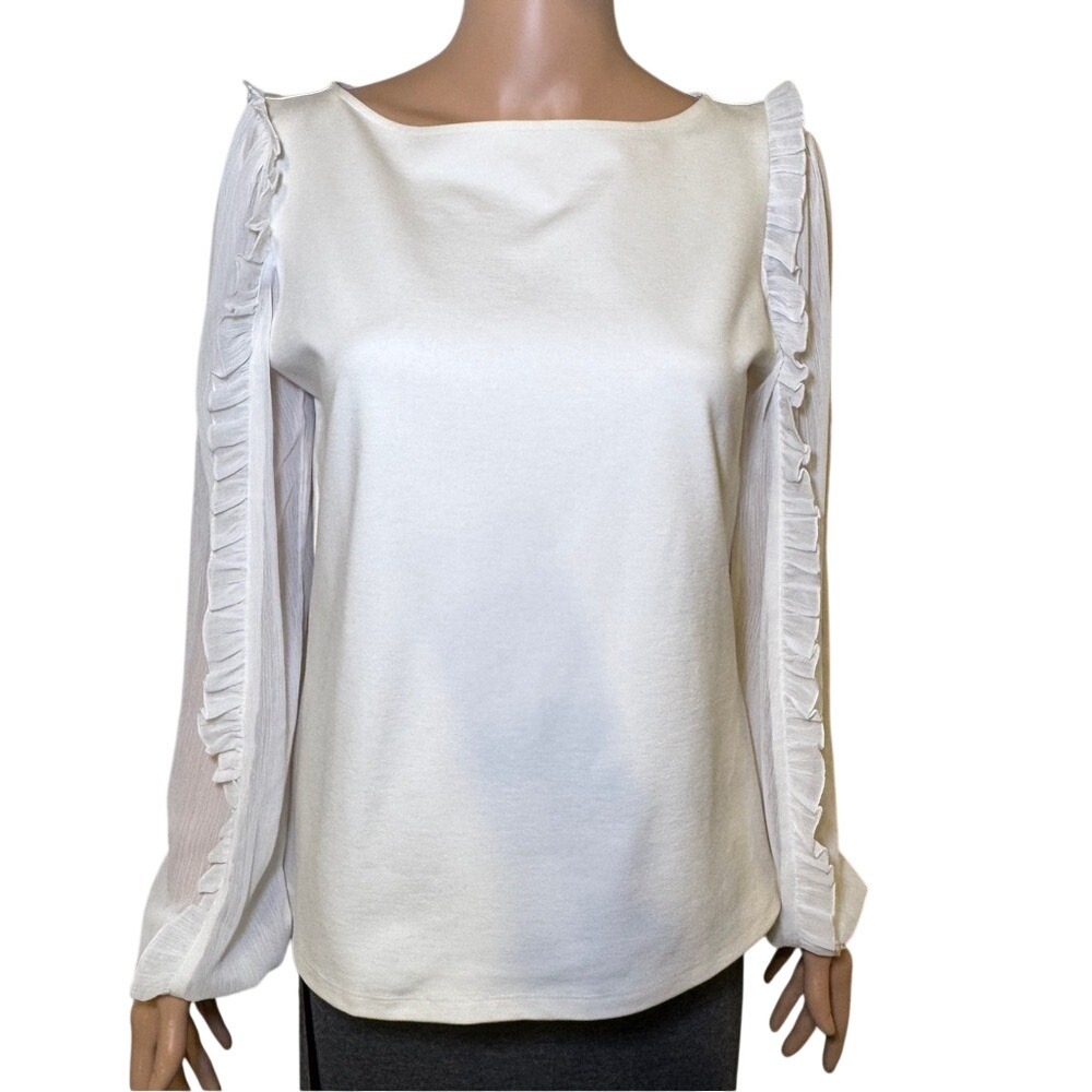 Ann Taylor winter white mixed media mock neck top with sheer sleeves